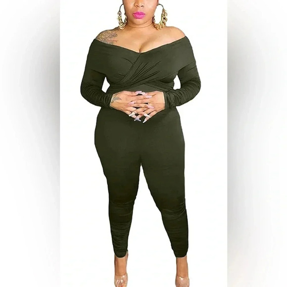 Womens Plus Size Sexy Off Shoulder Solid Color Ruched Bodycon Jumpsuits - Picture 1 of 8